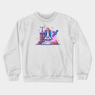 Space Shuttle Taking Off with Tower, Satellite and Mountain Cartoon Vector Icon Illustration Crewneck Sweatshirt